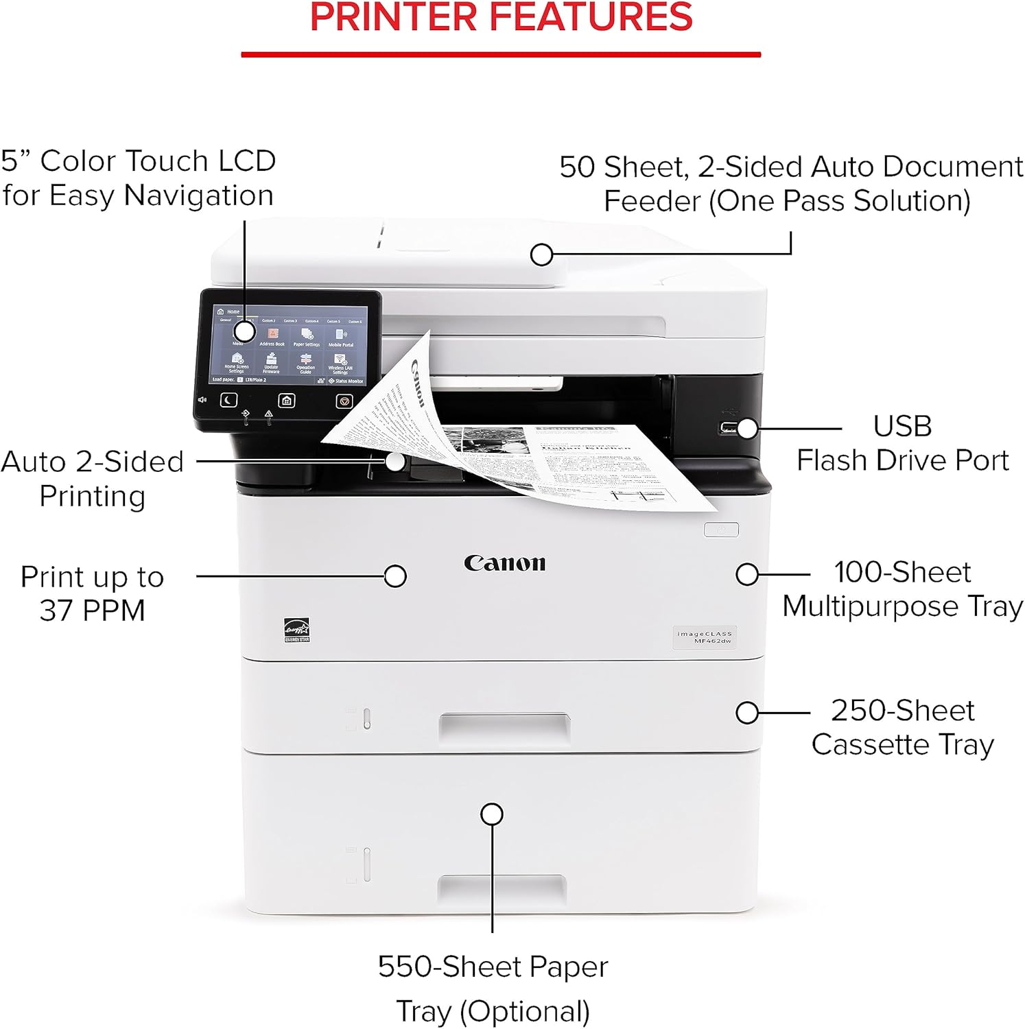 Canon imageCLASS MF462dw - Monochrome, Duplex Wireless Laser Printer, All-in-One with Scanner, Copier, Fax, Home or Office, Auto Document Feeder, Mobile Ready, 3 Year Limited Warranty, 37 PPM, White
