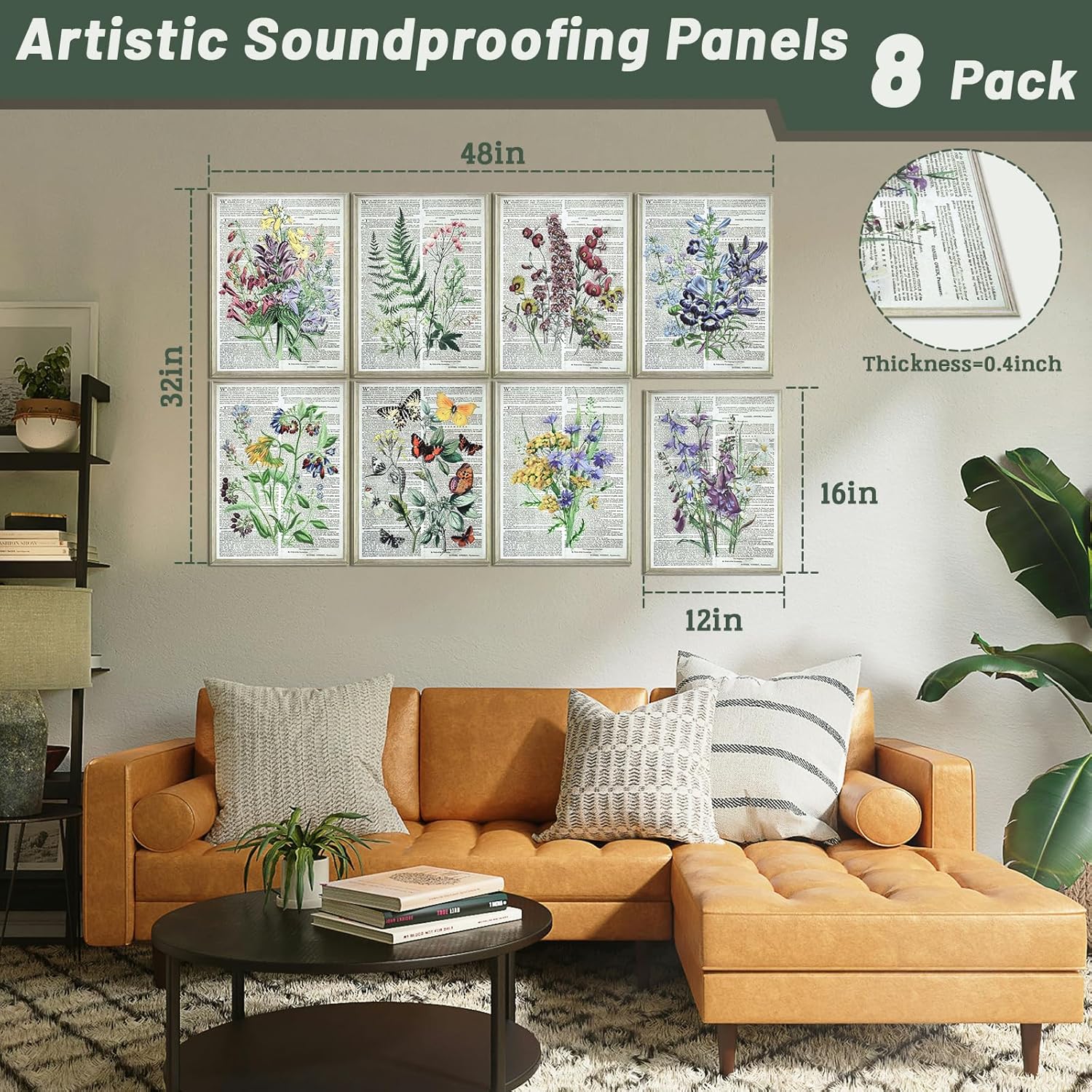 8 Pack Art Acoustic Panels, 48"x32" Soundproof Wall Panels, Decorative Sound Absorbing Panels with Self Adhesive, Sound Dampening Panels, Acoustic Treatment for Home, Office, Studio(Flower)