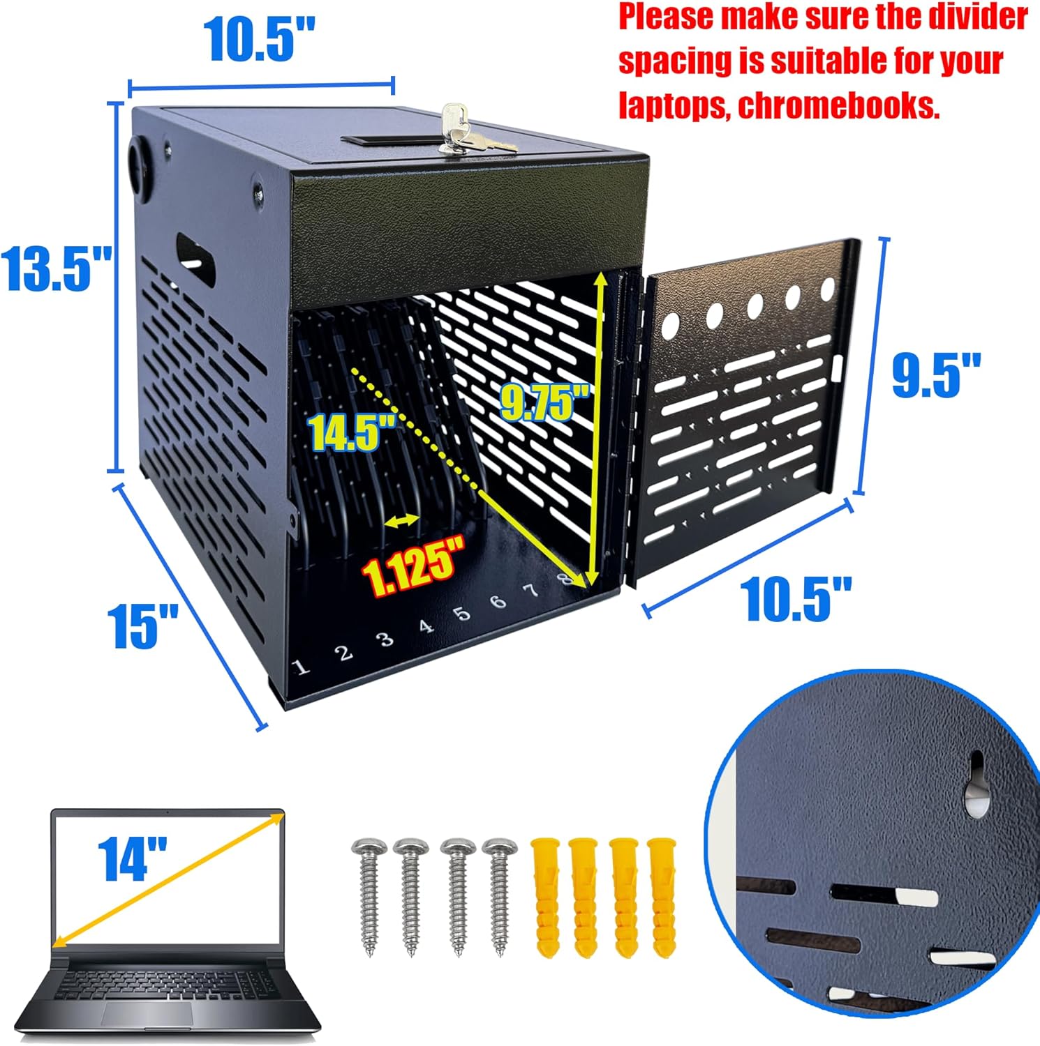 8-Device Tablet Charging Station, Lockable Steel Case Fits 14" Chromebooks, iPads, Laptops & Tablets, Secure Storage with 2 Keys, Ideal for Classrooms, Offices & Hospitals, Black