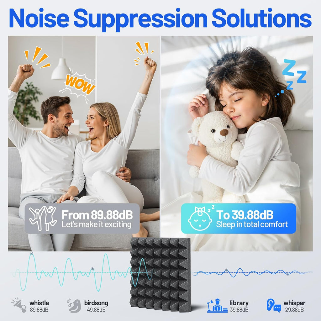 48 Pack Pyramid Sound Proof Foam Panels for Walls with Updated Self-Adhesive 2"X12"X12" High Density Acoustic Panels Sound Absorbing Fast-Expanding Soundproof Wall Panels for Gaming Studio Decor-Black