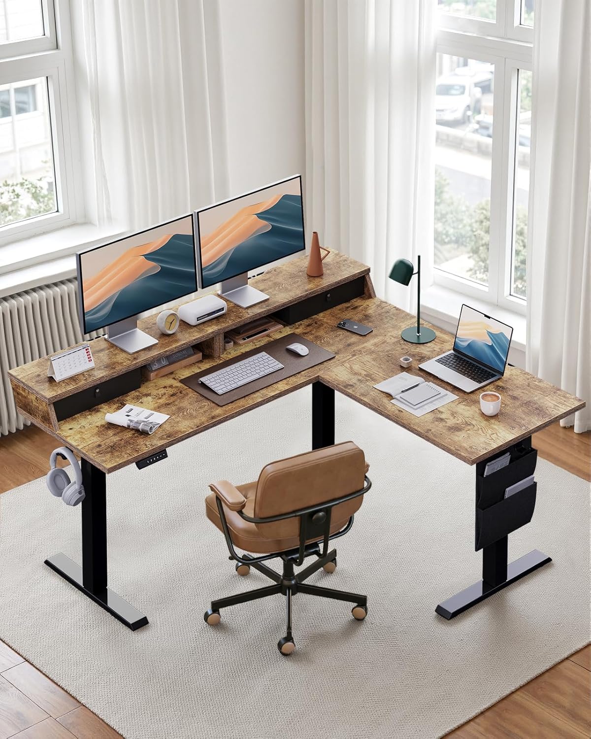 ErGear L Shaped Electric Standing Desk, 63" Ergonomic Corner Height Adjustable Desk with Drawers, Sit Stand Computer Table with Storage for Work Office Home, Vintage Brown