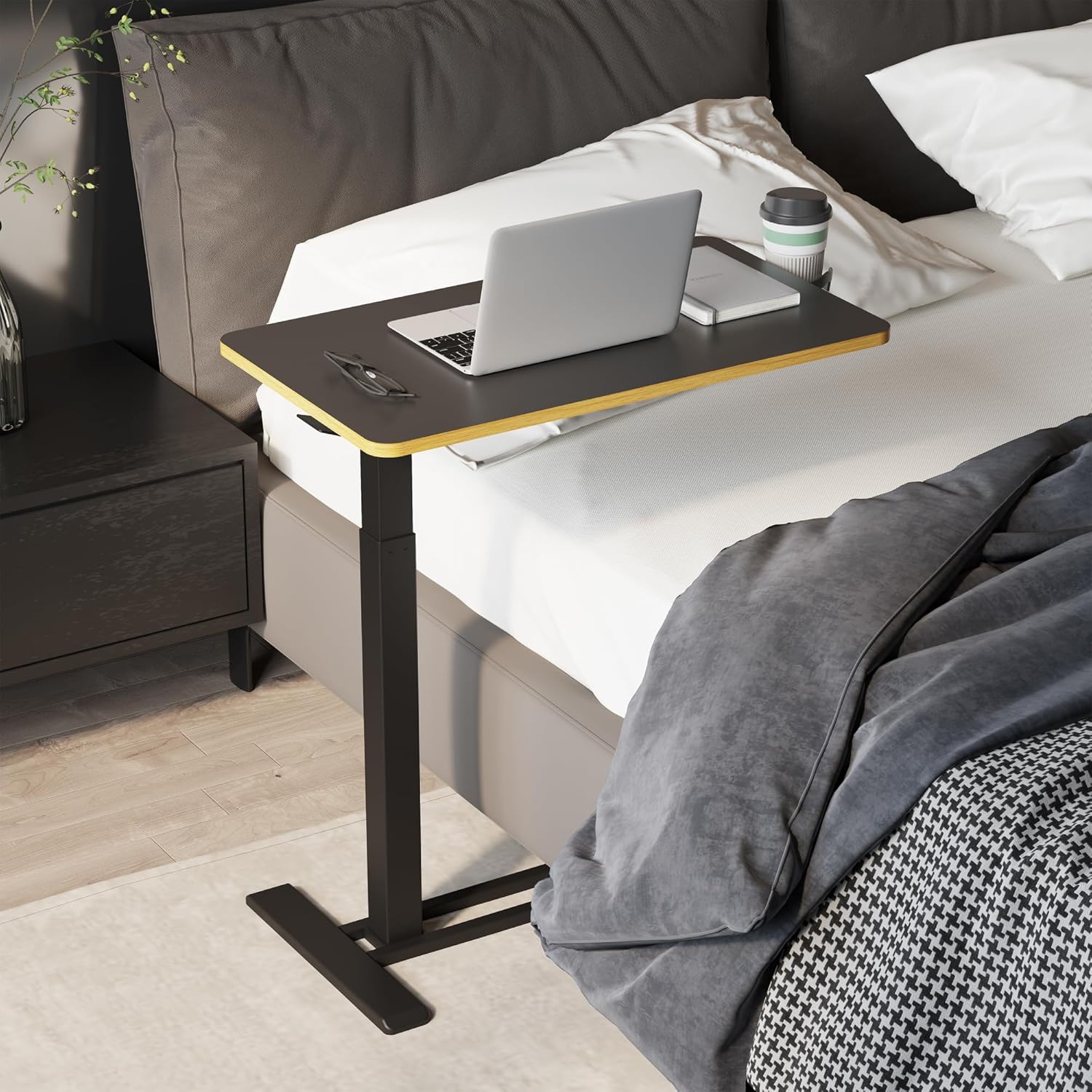SANODESK Mobile Standing Desk with Hidden Wheels,Pneumatic Laptop Desk Rolling Computer Cart Movable Height Adjustable Small Sit Stand Desk for Home Office(27.6" W x 15.7" D, Black+Maple Band)
