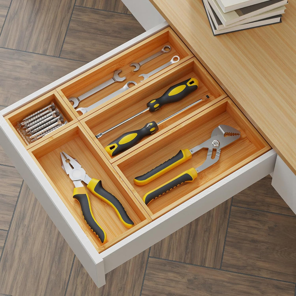 Bamboo Drawer Organizer Set, 5 PCS Wooden Storage Trays for Kitchen, Bathroom, Office, Makeup
