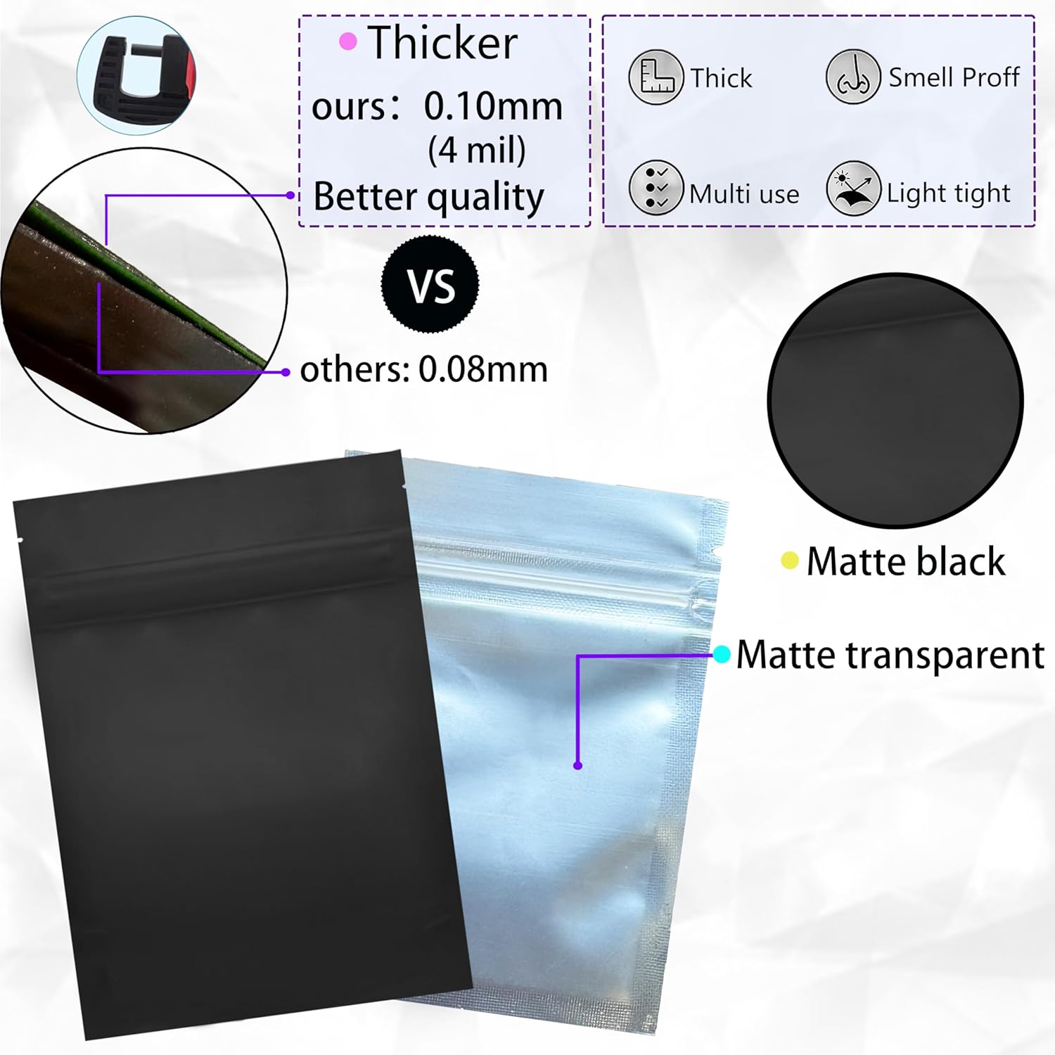 100 Pack Mylar Bags, 3 x 4 inchs Premium Smell Proof Bags with Double-sided Matte Design ，Resealable Food Storage Aluminum Foil Stand-up Packaging Bags. (1 Grams)