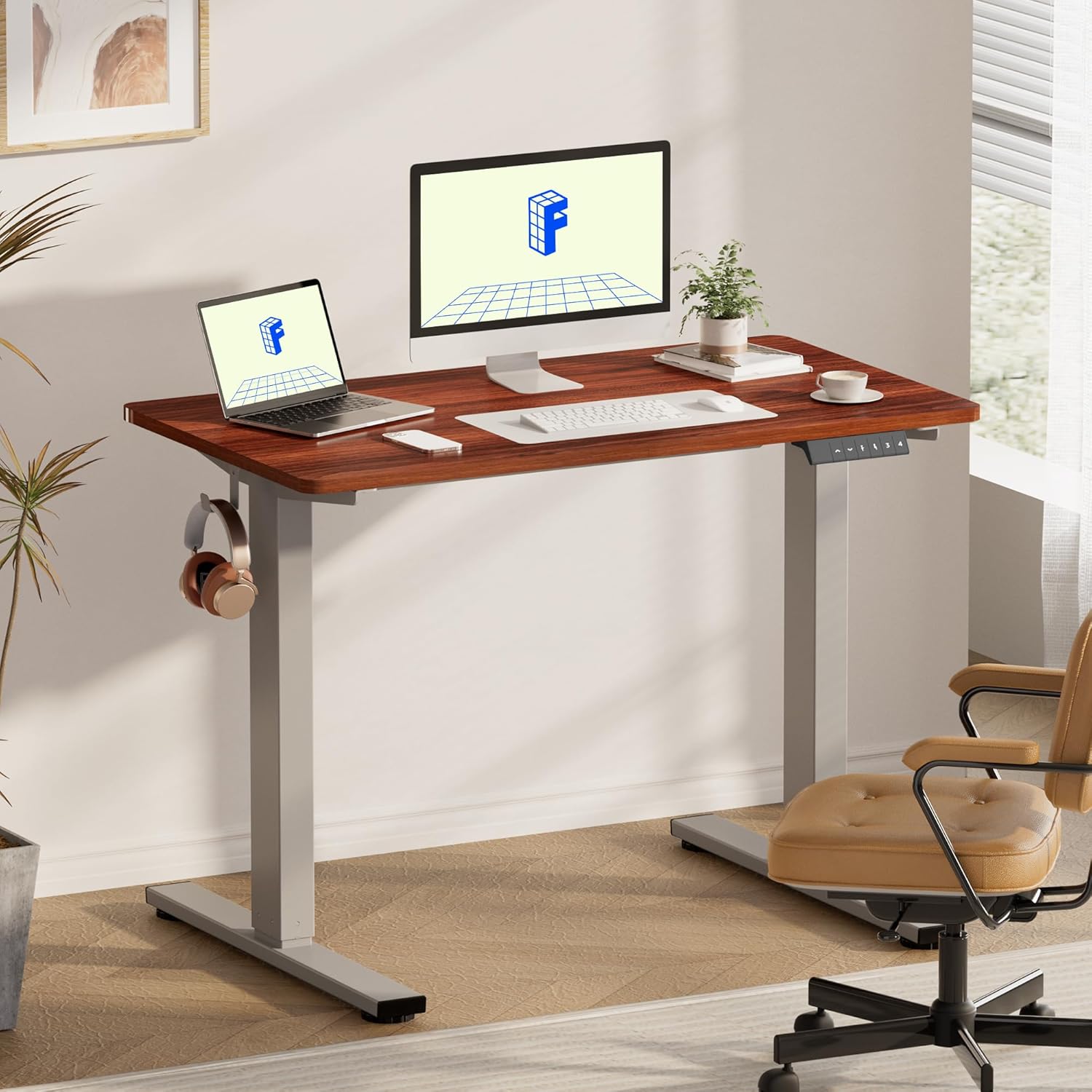 FLEXISPOT EN1 Whole-Piece Standing Desk, 48 x 30 Inches Electric Adjustable Desk for Home Office (Silver Frame + 48 in Mahogany Top, 2 Packages)
