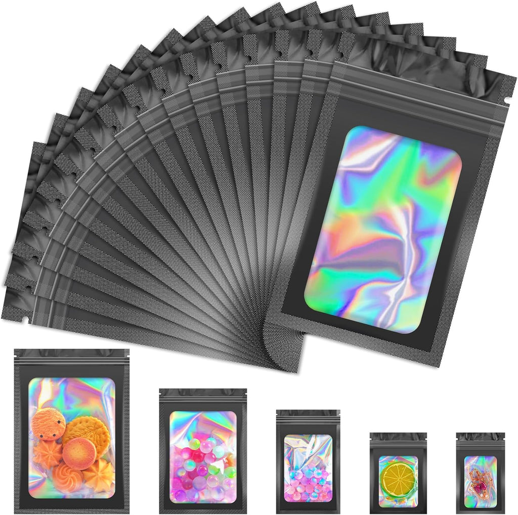 100 PCS Black Smell Proof Mylar Bags, Holographic with Clear Window, Resealable for Small Business, Packaging for Bracelets, Jewelry, Candy, Gift, Sample