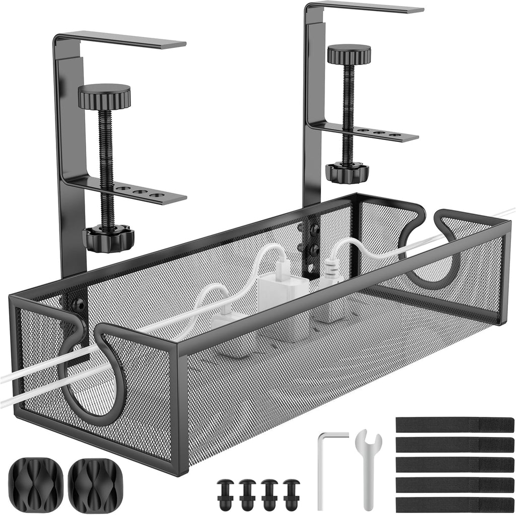 REFLYING Under Desk Cable Management Tray, Metal Long Arms(3.9in), No Drill Mesh Desk Cable Tray, Wire Management Tray Cable Management Box for Office, Desk Cable Tray Wire Organizer, 1 Pack, Black