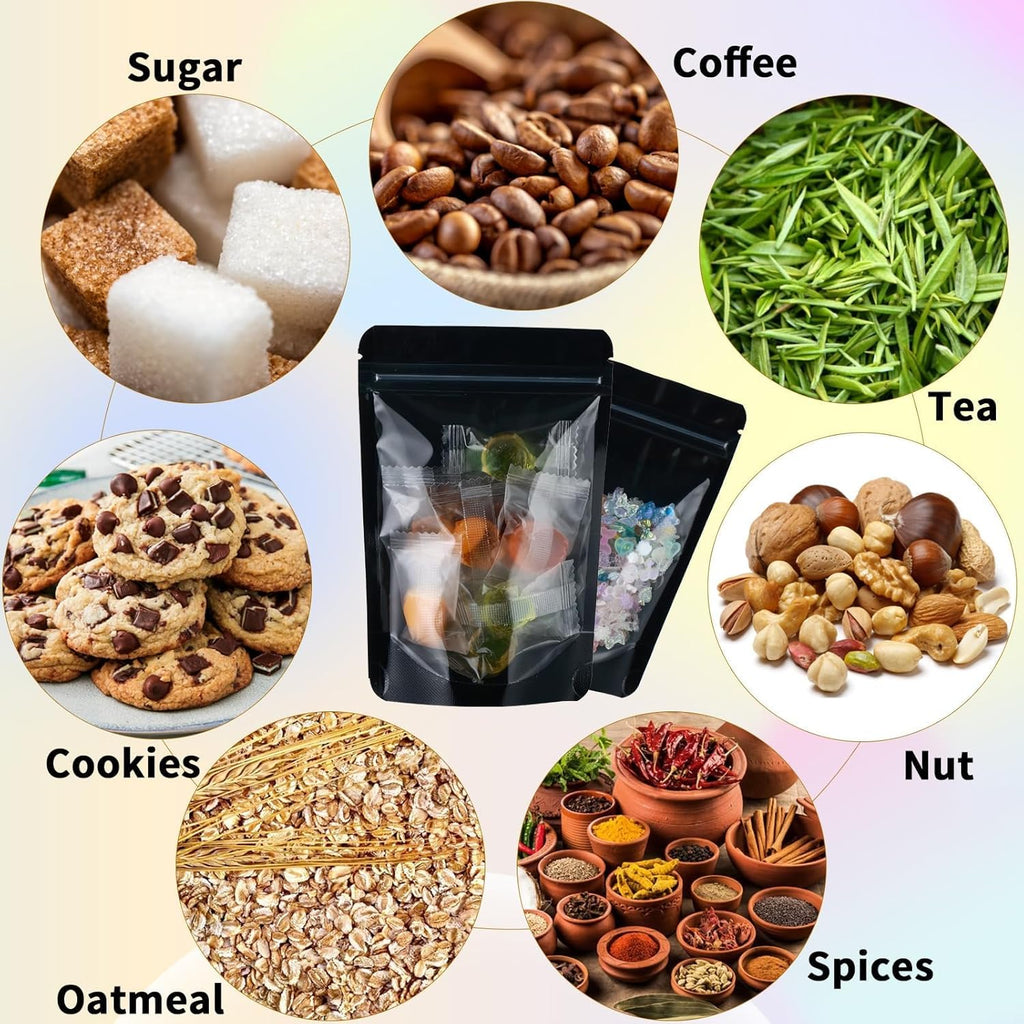 200 Mylar Bags for Food Storage 5X8 Mylar Bags with Window Candy Packaging Resealable Bags Black Stand Up Pouches Edible Packaging for Small Business