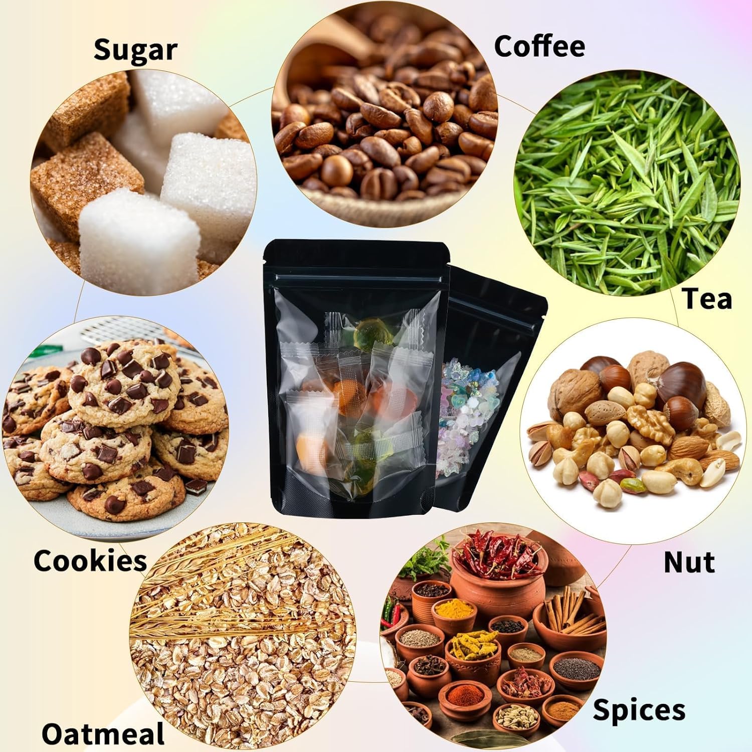 200 Mylar Bags for Food Storage 5X8 Mylar Bags with Window Candy Packaging Resealable Bags Black Stand Up Pouches Edible Packaging for Small Business
