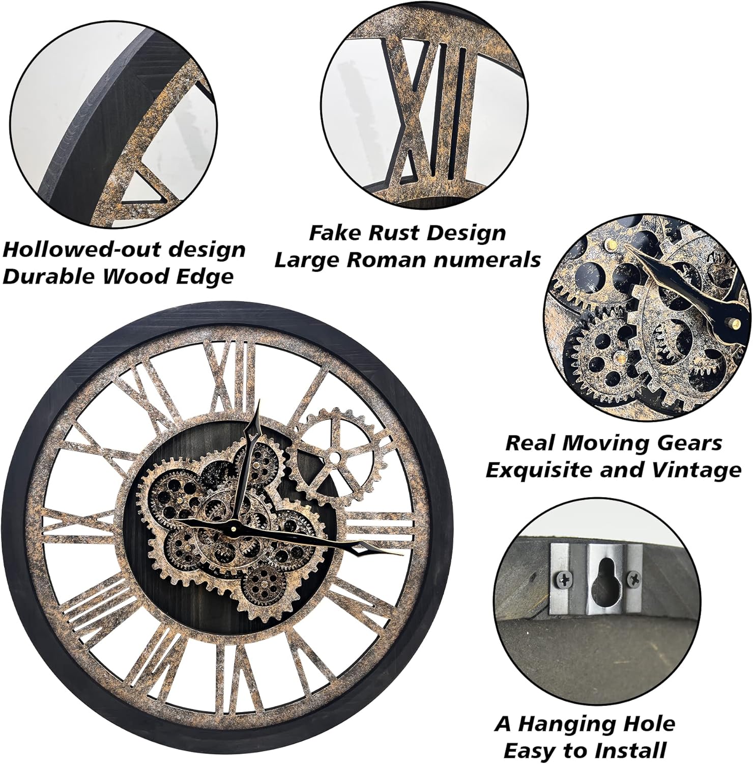 The B-Style Large Wall Clock 18 inch Moving Gear Wall Clock Oversized Vintage Farmhouse Wall Clocks for Living Room Decor Rustic Industrial Wood Clock (Black)