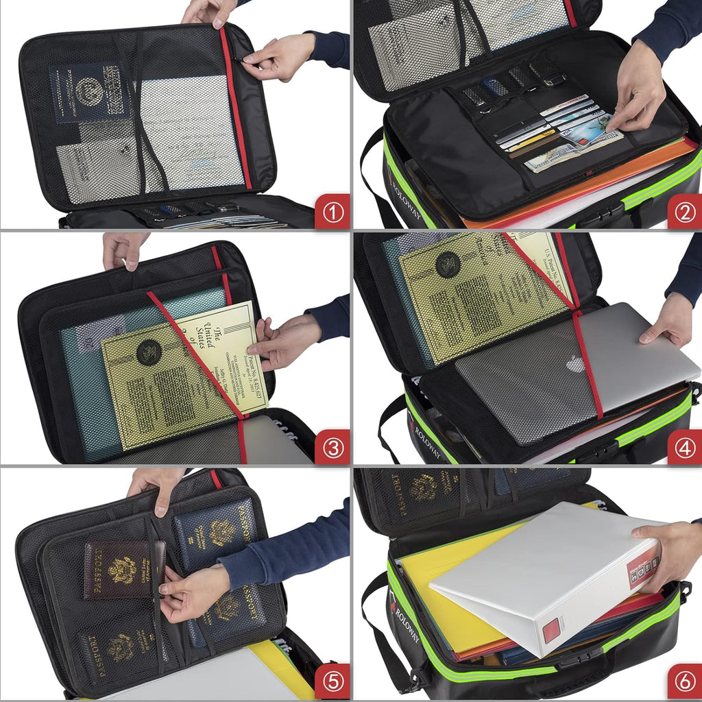 ROLOWAY Fireproof Document Bag with Lock & Reflective Strip (17 x 11.8 x 5 inch), Important Document Storage Bag with Multi-Layer File Organizers (Black)