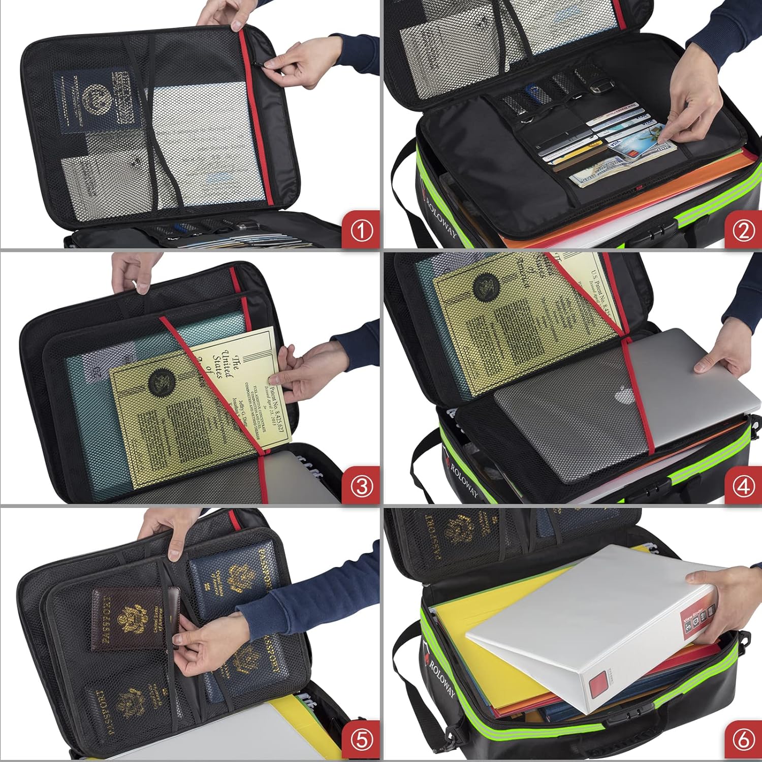 ROLOWAY Fireproof Document Bag with Lock & Reflective Strip (17 x 11.8 x 5 inch), Important Document Storage Bag with Multi-Layer File Organizers (Black)