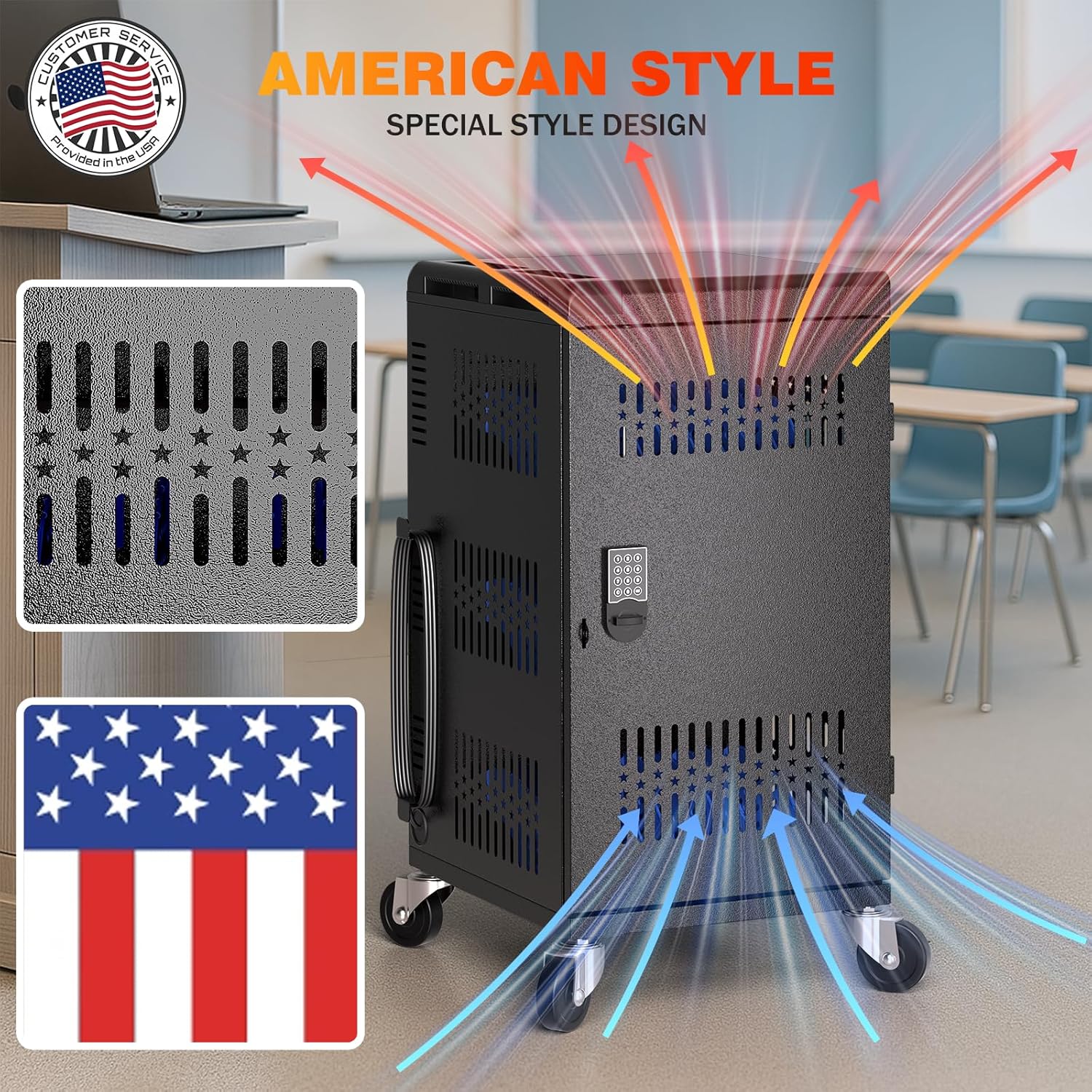 Fully Assembled 30 Bay Mobile Charging and Storage Cart for iPad, Chromebook and Laptop Computer with Keypad Lock,Up to 14-in Screen Size,Surge Protection,Front & Back Access Locking Cabinet