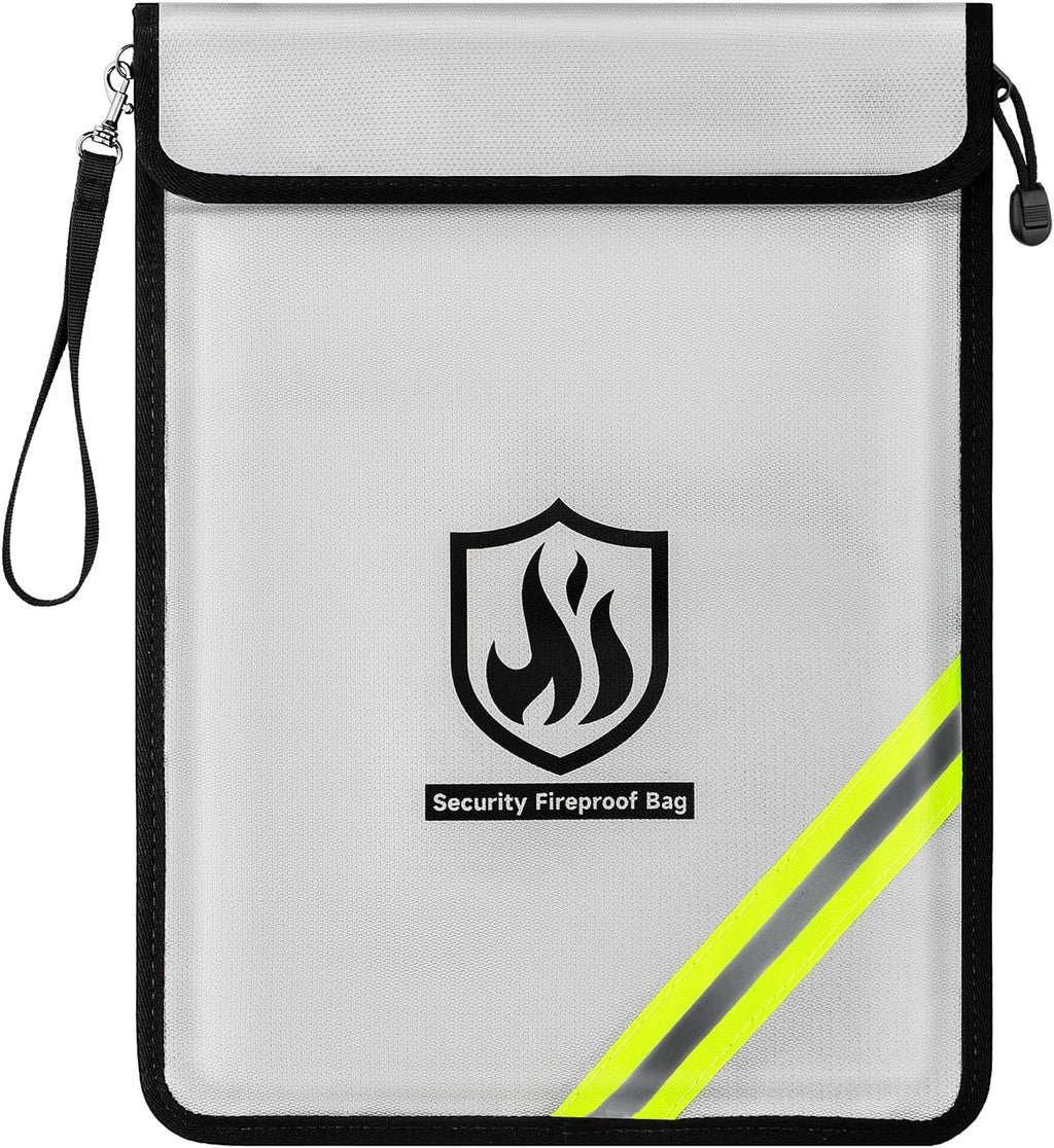Fireproof Document Bag, 15 x 11 Inch Waterproof Documents Holder 2000℉ Safe for Important File Money Cash Legal Papers, Two Pockets Dual Zippered File Bag with Hand-held Strap & Reflective Strip