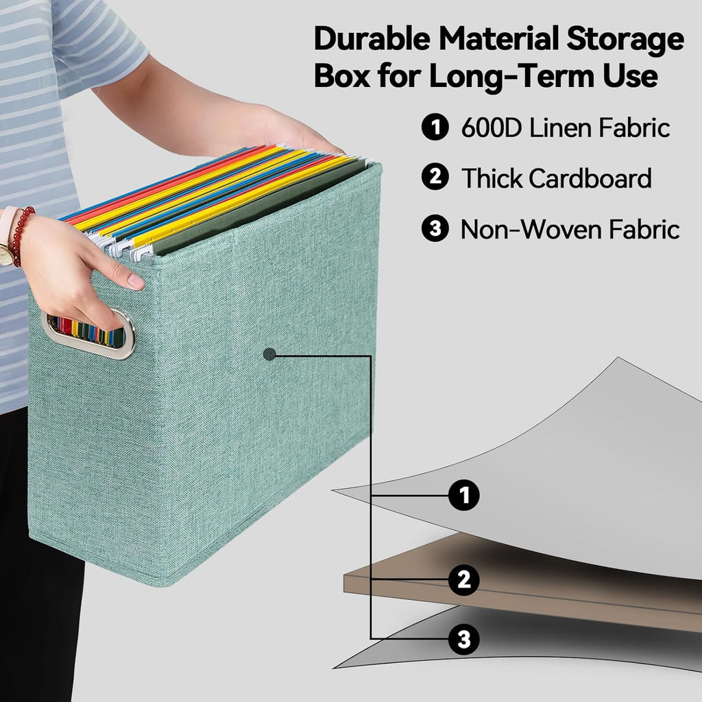 4 Packs Letter Size File Organizer, File Folders Organizer, Fabric Storage Box, Collapsible Paper Organizer with Metal Handle, Smooth PVC Rails, Only Box (Green)