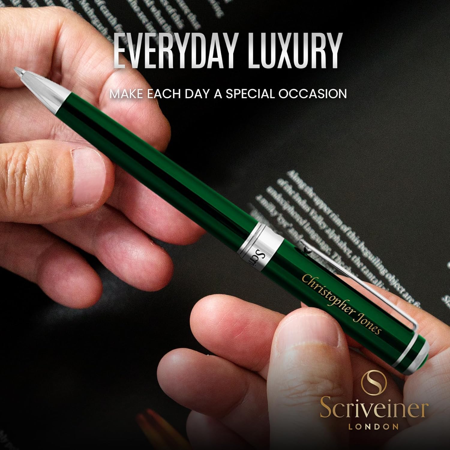 Scriveiner Personalized British Racing Green Pen - Stunning Green Lacquer Luxury Pen with Chrome Finish, Schmidt Ink Refill, Best Engraved Ball Point Gift Set for Men & Women, Custom Name Engraving