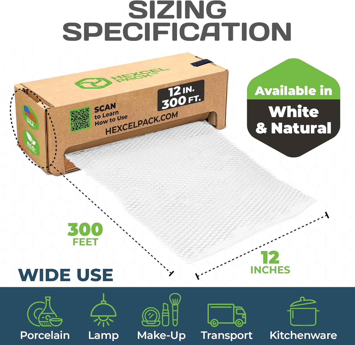 HexcelWrap Mini - Honeycomb Packing Paper, Eco-Friendly, Sustainable Paper Bubble Wrap for Shipping & Moving, Cushioned Packing Material in Easy Self-Dispenser Box - White, 12" x 300'