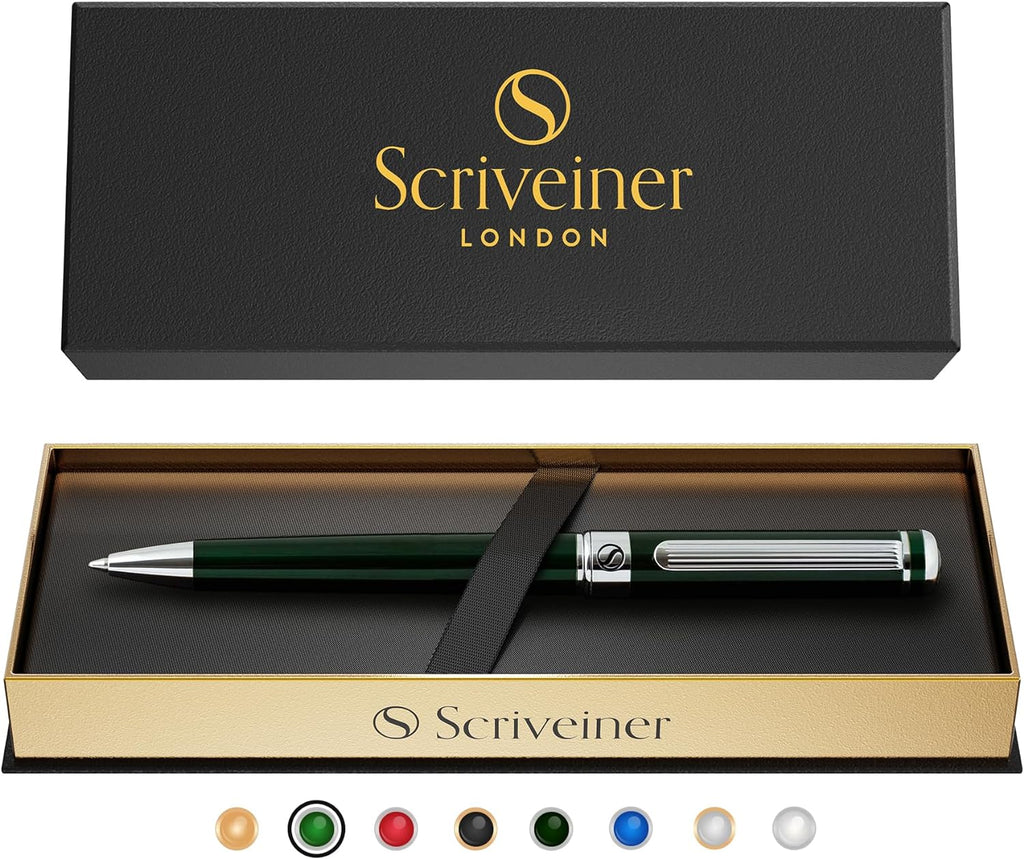 Scriveiner Green Ballpoint Pen - Stunning British Racing Green Luxury Pen, Chrome Finish, Schmidt Black Refill, Best Ball Pen Gift Set for Men & Women, Professional Executive Office, Nice Designer Pen