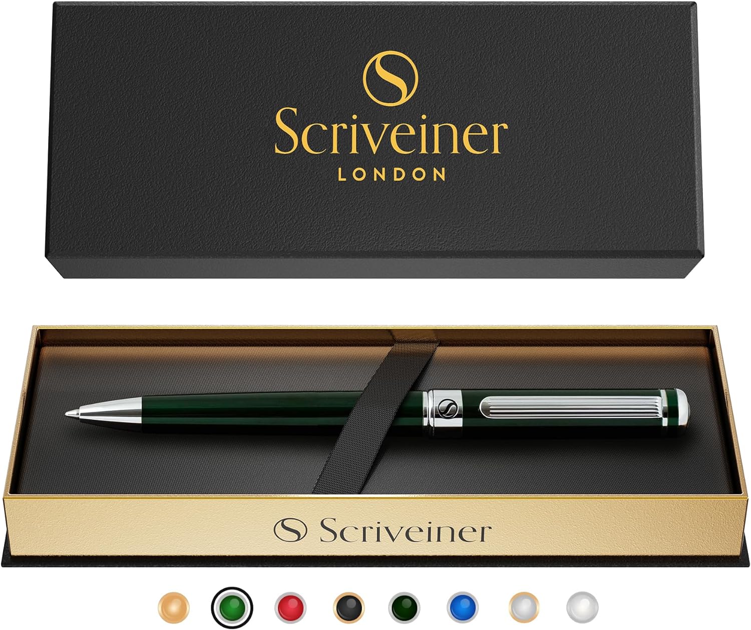 Scriveiner Green Ballpoint Pen - Stunning British Racing Green Luxury Pen, Chrome Finish, Schmidt Black Refill, Best Ball Pen Gift Set for Men & Women, Professional Executive Office, Nice Designer Pen