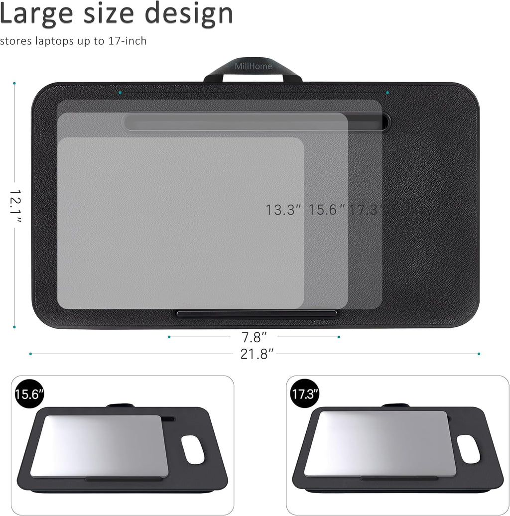 Lap Desk, Lap Desk with Cushion, Fits up to 17 inch Laptop, Pillow Designed, Portable Laptop Stand with Tray, Pad & Phone Holder, Home Office for Bed/Couch/Car/Reading/Writing,MillHome (Black)