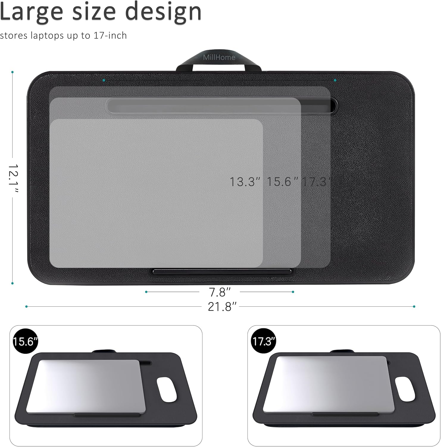 Lap Desk, Lap Desk with Cushion, Fits up to 17 inch Laptop, Pillow Designed, Portable Laptop Stand with Tray, Pad & Phone Holder, Home Office for Bed/Couch/Car/Reading/Writing,MillHome (Black)