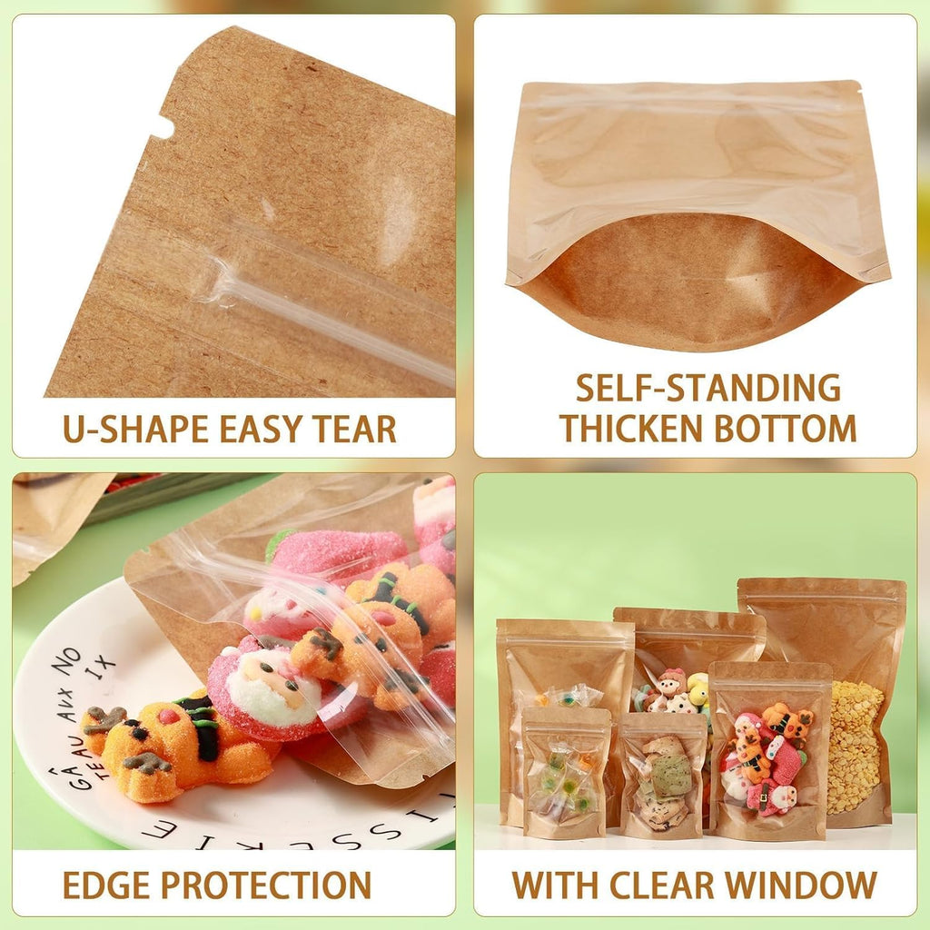 150-Pack Kraft Paper Bags with Clear Window 6" x 9" Reclosable Small Stand Up Mylar Bags for Food Storage Resealable Smell Proof Pouch, Edible Packaging, Reusable bags for Small Business