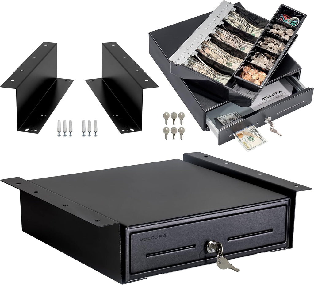 Volcora Cash Register Drawer with Under Counter Mounting Metal Bracket, 13" Black Cash Drawer for POS, 4 Bill 5 Coin Cash Tray, Fully Removable 2Tier Compartment 24V RJ11/RJ12 Key-Lock, 2 Media Slots