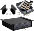 Volcora Cash Register Drawer with Under Counter Mounting Metal Bracket, 13" Black Cash Drawer for POS, 4 Bill 5 Coin Cash Tray, Fully Removable 2Tier Compartment 24V RJ11/RJ12 Key-Lock, 2 Media Slots