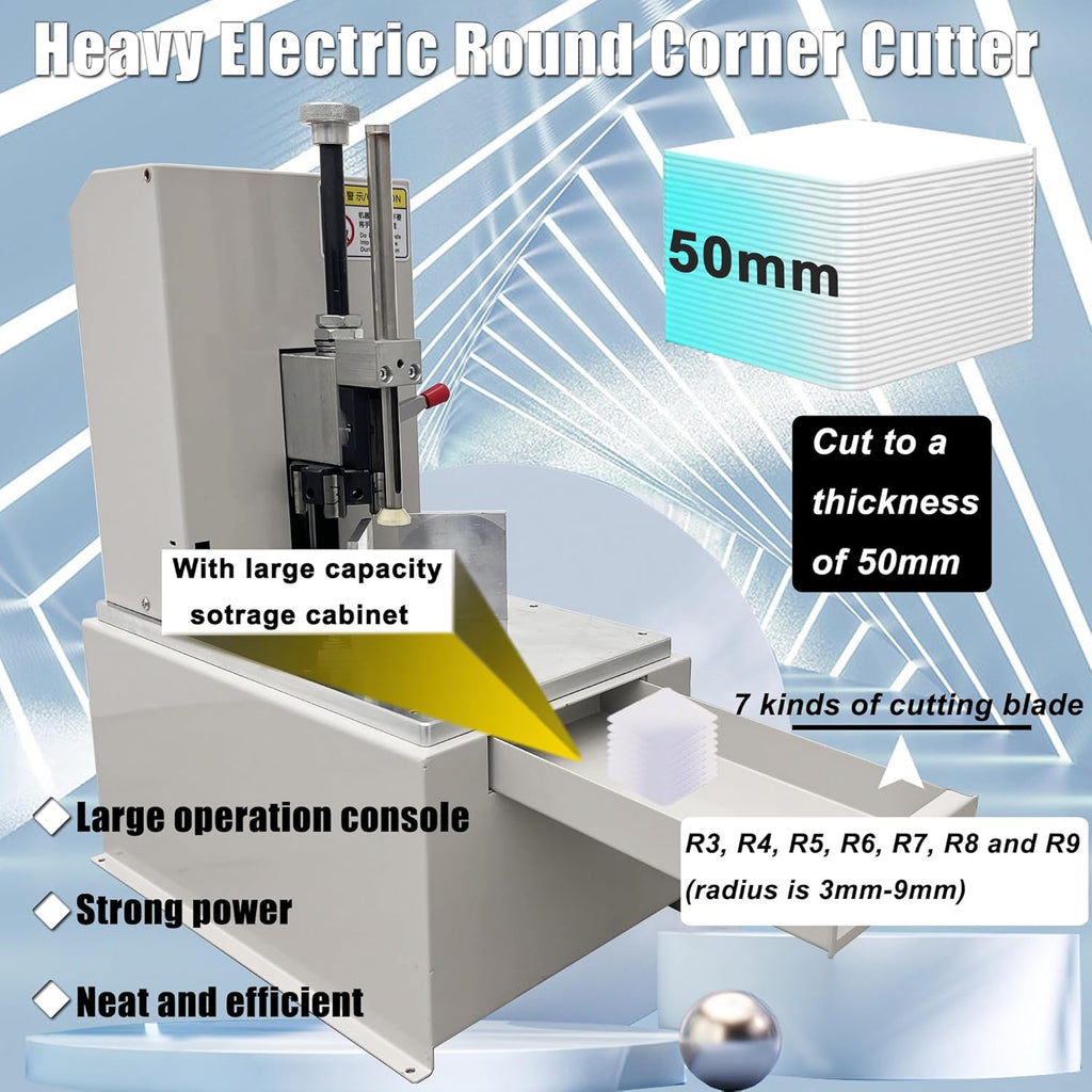 Electric Corner Rounder with Paper Drawer Semi-Automatic Desktop Paper Corner Rounding Cutter with Foot Pedal Cutting Radius R3-R9 7PCS Cutting Dies 110V