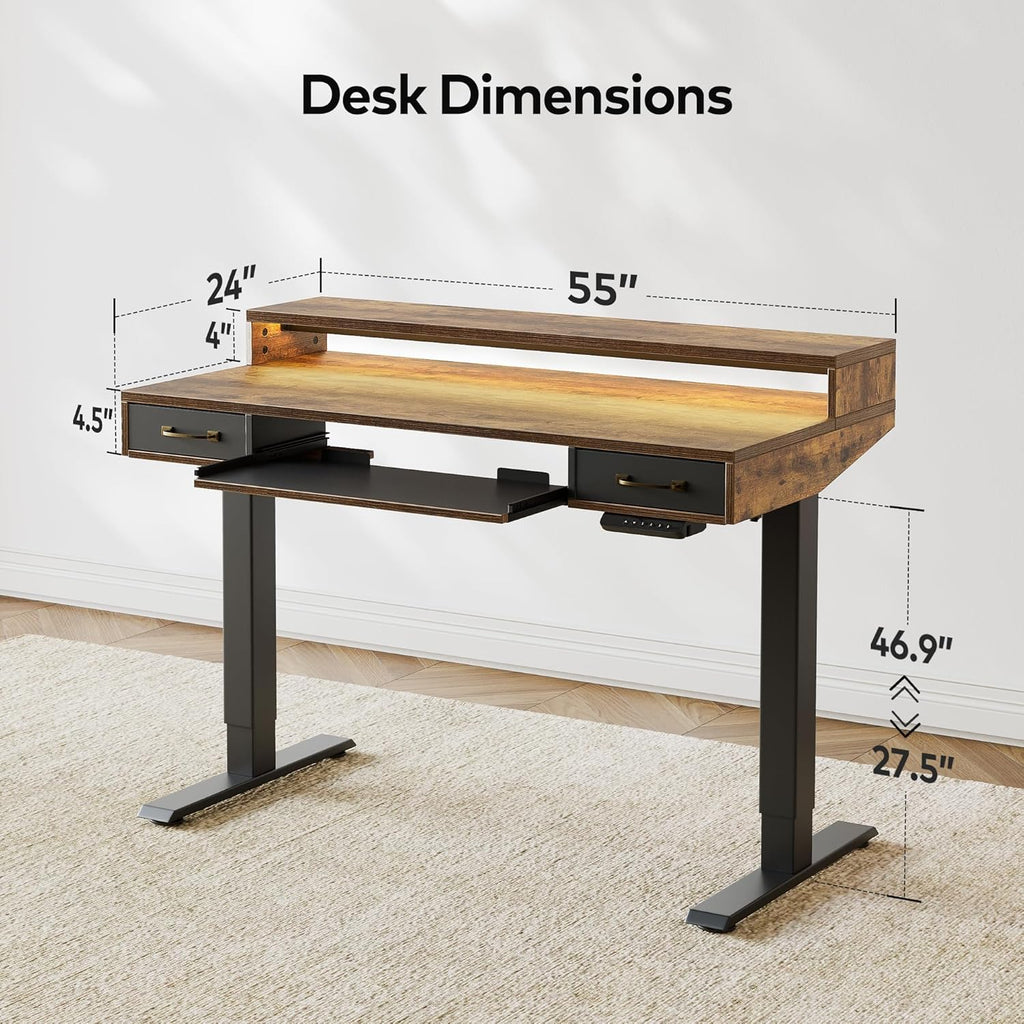 FEZIBO 55 x 24 Inch Height Adjustable Electric Standing Desk with Double Drawer, Stand Up Desk with Storage Shelf, Rustic Brown