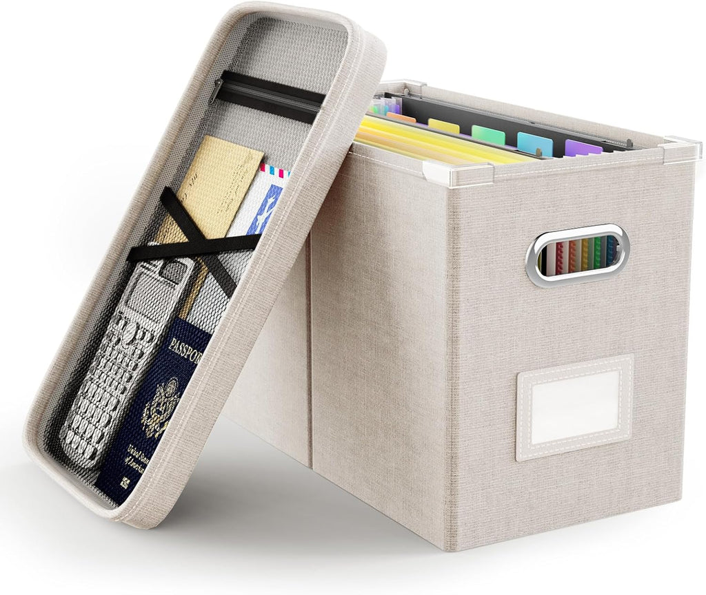 Oterri File Organizer Box with Lid, Hanging Filing File Box with Mesh Pocket, Document Organizer Box for Letter Files, Portable Storage Box with Smooth Sliding Rail for Office&Home (1 PCS, Beige)