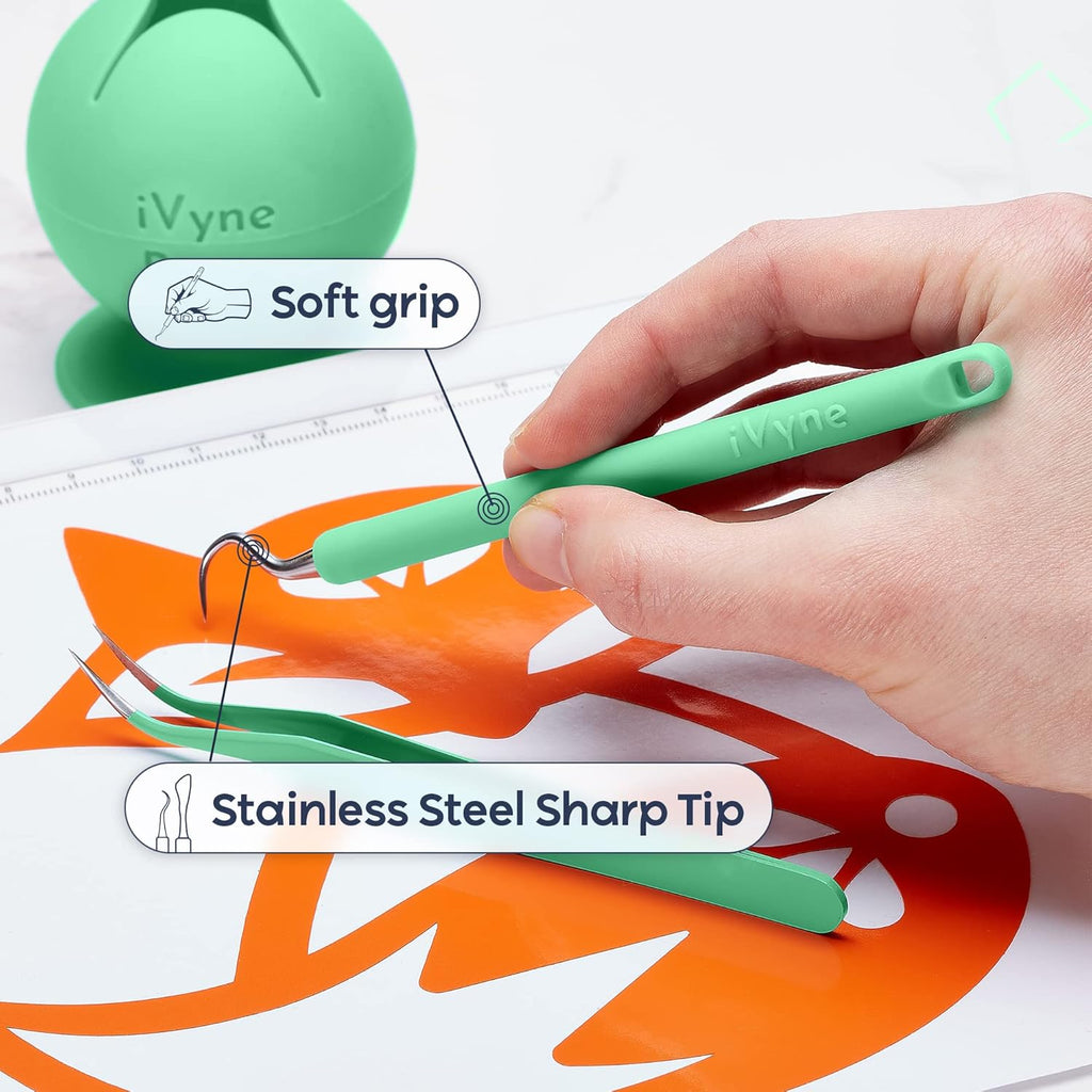 iVyne (8pcs) Premium Vinyl Weeding Tool Kit & Weeding Scrap Collector Soft Grip Tools with Berry, Weeder, Tweezers, Picker Or Hook, and Scraper Set for Silhouette Cameos & Cricut - Green