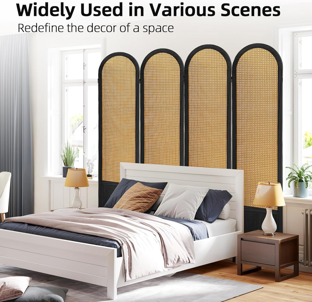 4 Panel Room Divider and Folding Privacy Screen, 5.6 Ft Foldable Double Hinged Rattan Partition, Hand-Woven Rattan Room Divider Portable Wood Freestanding Wall Divider for Room Separation - Black