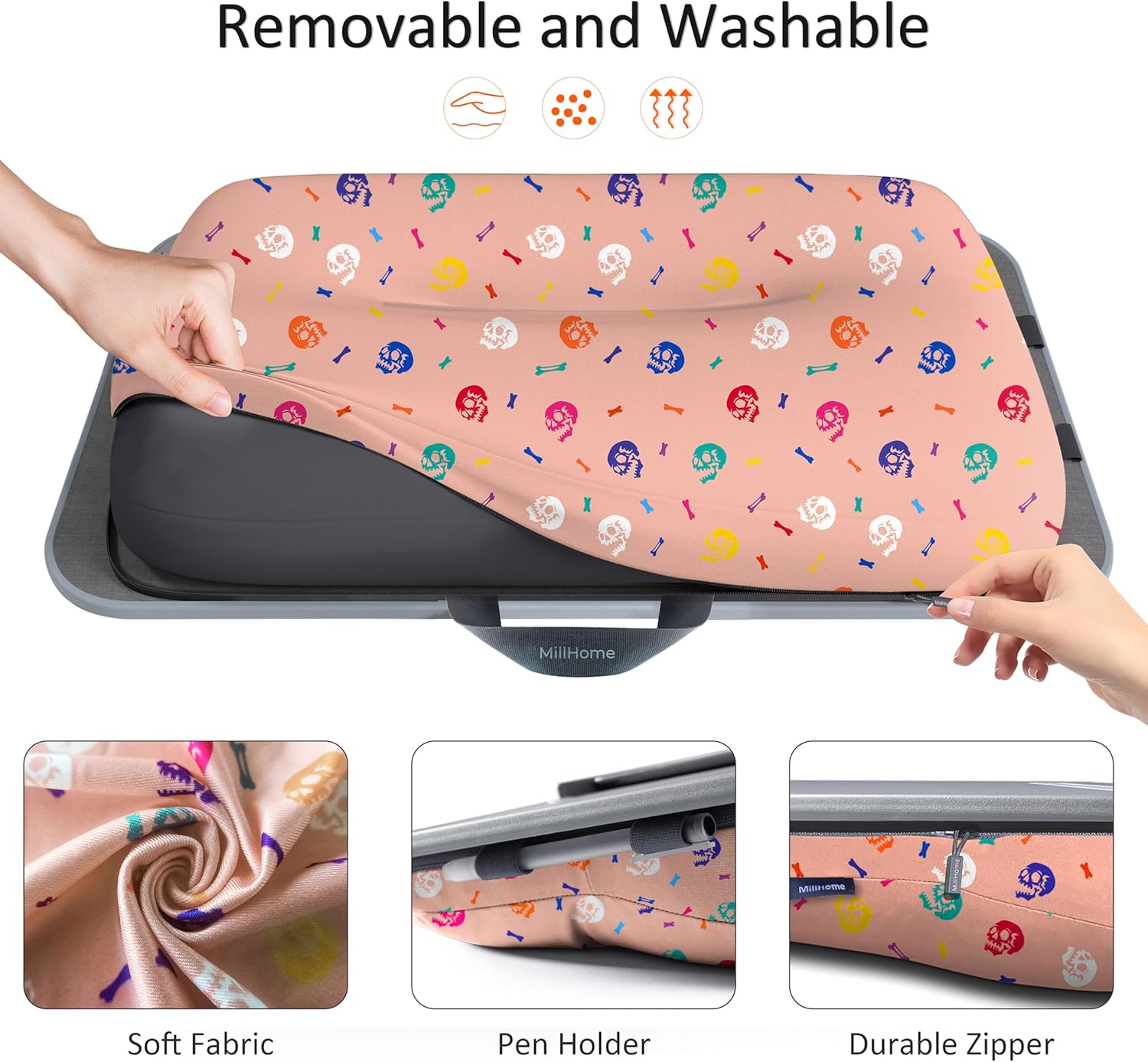 Lap Desk | Portable Laptop Desk – Fits Up to 17.3" Laptops – Detachable & Washable Cushion, Phone Holder, Device Ledge – for Writing, Working, Reading on Bed, Couch, Sofa, Floor – Millhome -Peach Pink