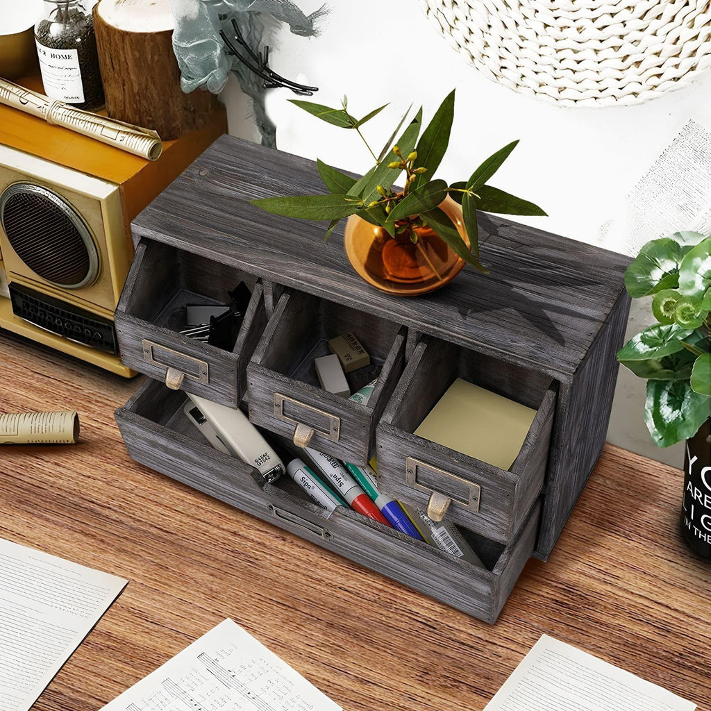 Flexzion Apothecary Cabinet with 4 Drawers - Vintage Rustic Wood Desktop Organizer for Home & Office Supplies - Tabletop Wooden Storage for Catalog, Card, Jewelry, Makeup, Craft & Tools