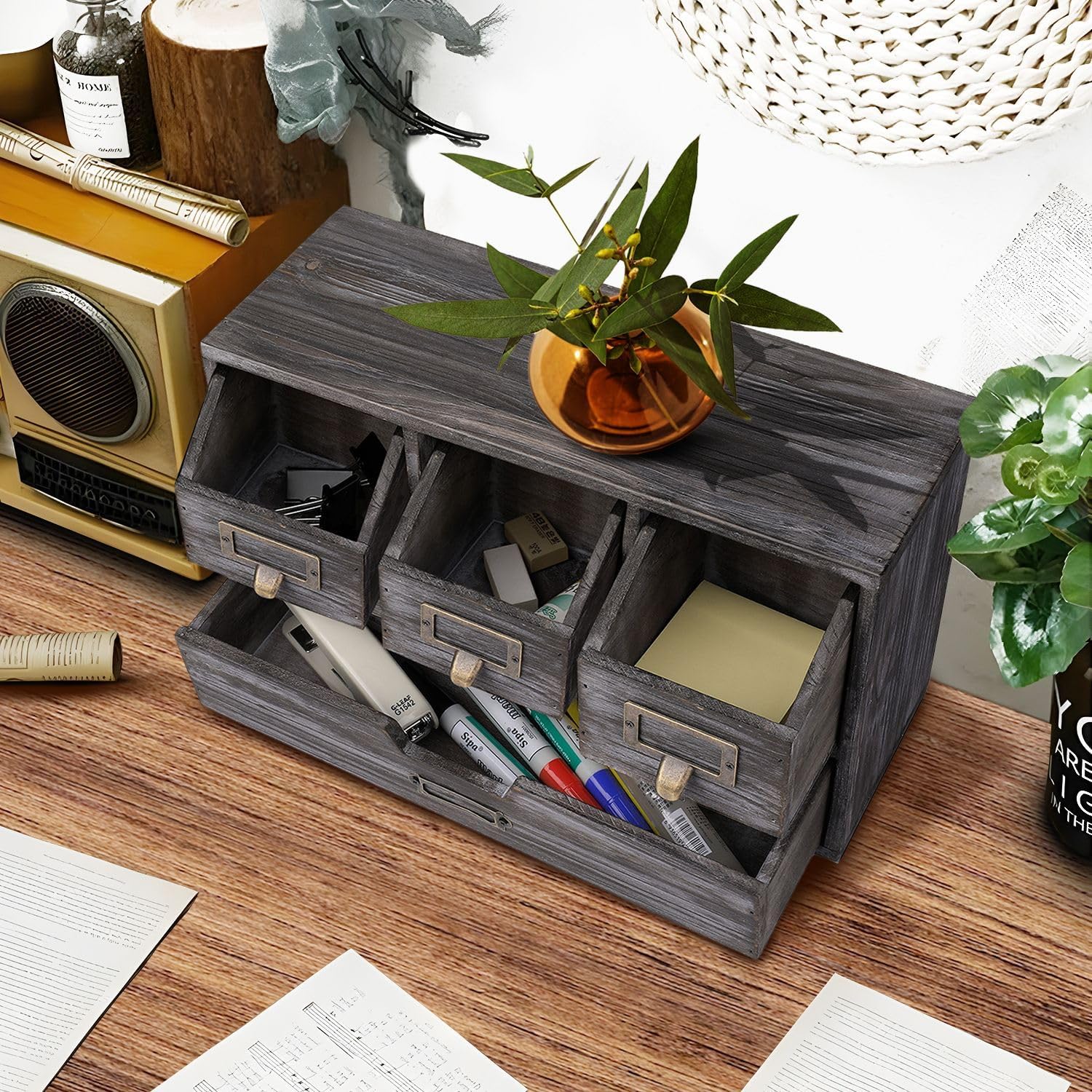 Flexzion Apothecary Cabinet with 4 Drawers - Vintage Rustic Wood Desktop Organizer for Home & Office Supplies - Tabletop Wooden Storage for Catalog, Card, Jewelry, Makeup, Craft & Tools