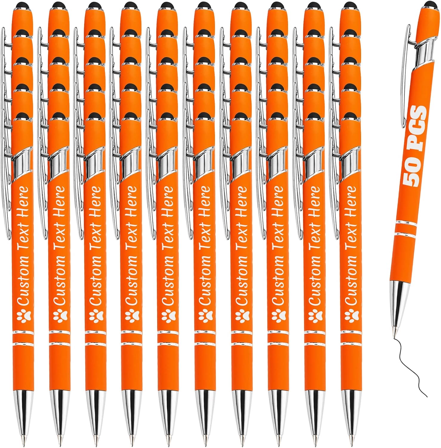 Personalized Pens Bulk 50 with Name Custom Engraving Ballpoint Pens with Stylus Tip Customized Smooth Writing Pens Personalized Gifts for Anniversary Birthday or Graduation(Orange,Black Ink)