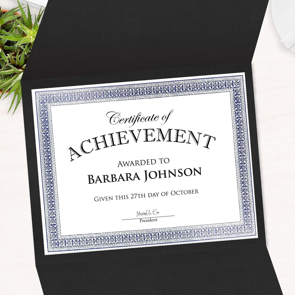 Certificate Holders - Tri-Fold Navy Linen 9.25x12.5 Inches - 50 Pack - Embossed Die-Cut 80 lb Cover Stock - Silver Medallion Foil Stamp - Ideal for Awards - 218 GSM Document Holder