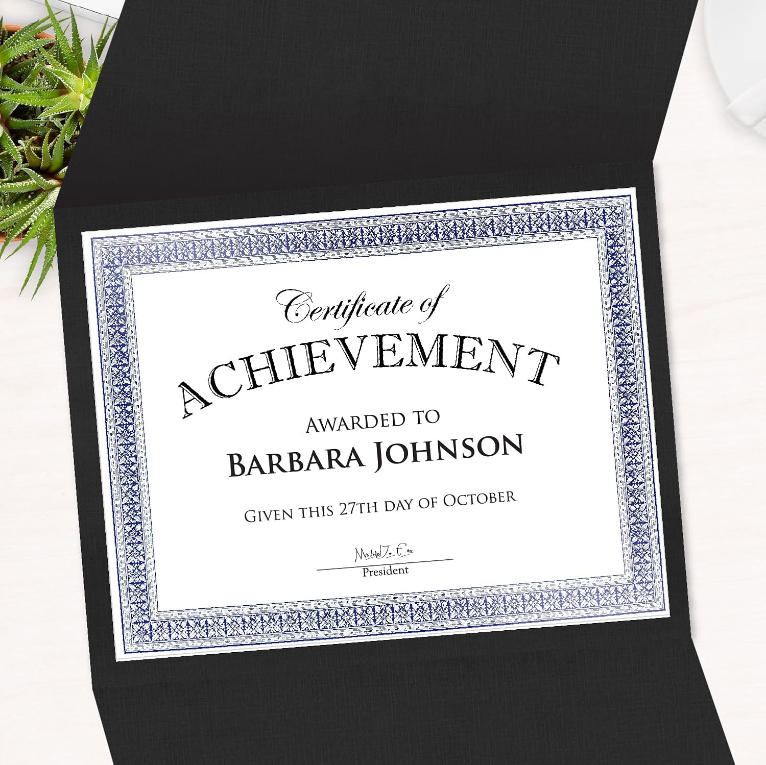 Certificate Holders - Tri-Fold Navy Linen 9.25x12.5 Inches - 50 Pack - Embossed Die-Cut 80 lb Cover Stock - Silver Medallion Foil Stamp - Ideal for Awards - 218 GSM Document Holder