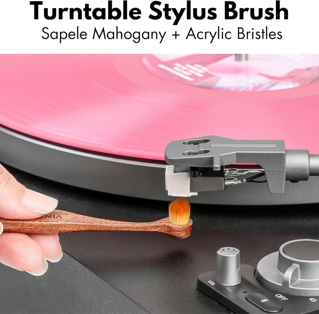 3-in-1 Ultimate Vinyl Record Cleaning Kit 100% All-Natural Sapele Mahogany Wood Vinyl Cleaning Kit - Goat Hair Vinyl Record Brush, Velvet Brush Pad, & Stylus Brush Cleaner