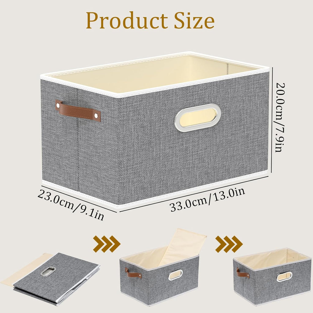 Yawinhe Fabric Storage Baskets, Foldable Closet Organizer for Shelves, Large Boxes with 3 Handles, Canvas Bins for Clothes, Grey, 12.99''Lx9.05''Wx7.87''H, 4-Pack