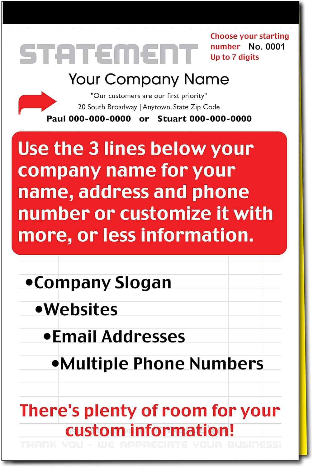 Generic Custom Statement - Personalized Duplicate Carbonless Form with Your Company Name - 2 Books (100 Sets) Numbered