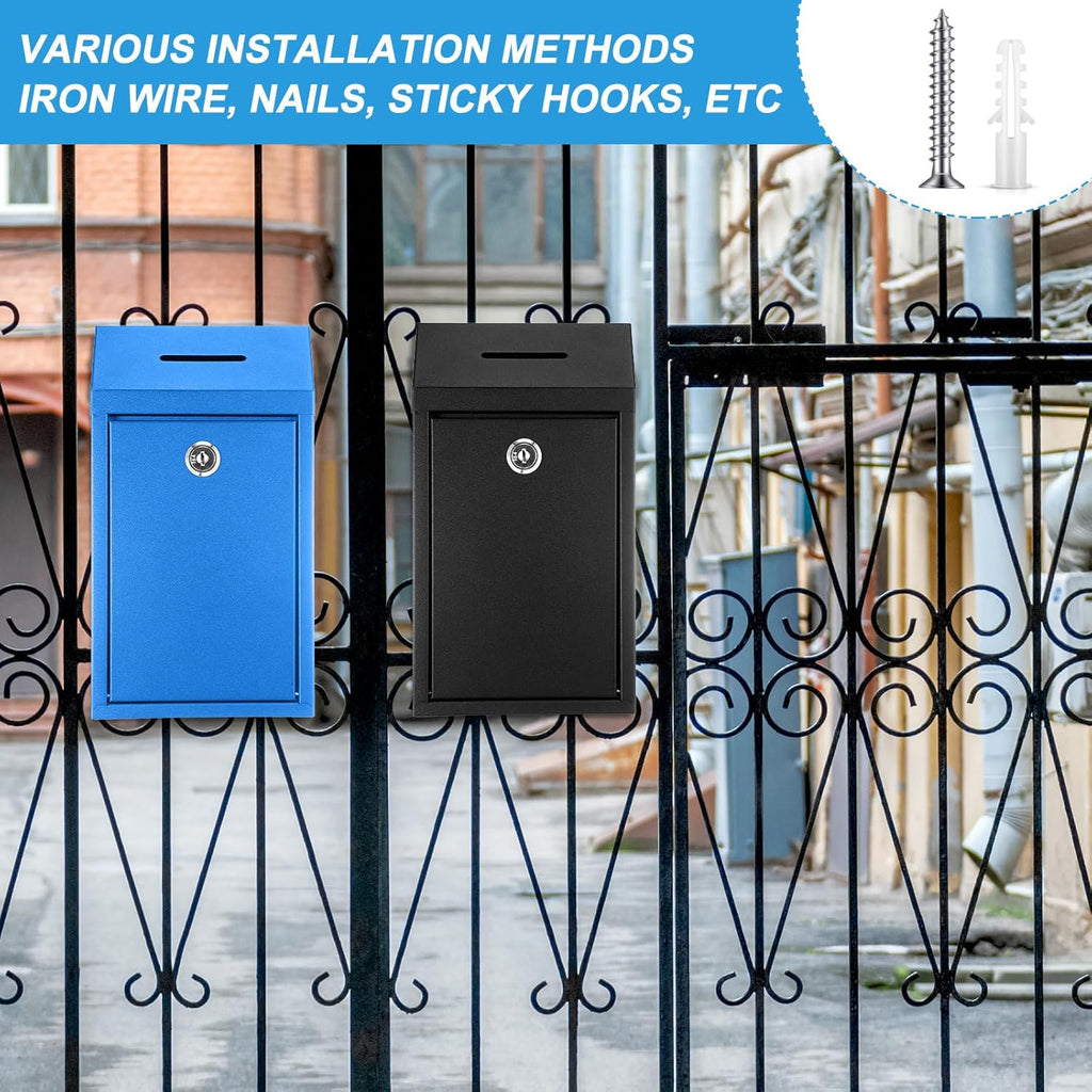 2 Pack Metal Suggestion Boxes with Lock Keys Ballot Donation Boxes with Slot for Fundraising Wall Mounted Mailbox Delivery Container for Home Office Outdoor Door, 10.2x5.7x2.95in(Black, Blue)