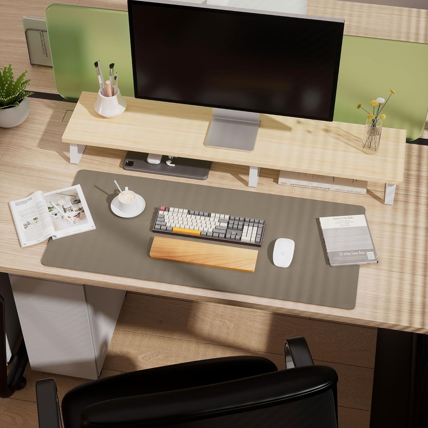Aothia Dual-Sided Desk Mat - Leather & Cork Desk Protector, Large Mouse Pad & Writing Pad for Office/Home, Coffee (25.6"x13.7")