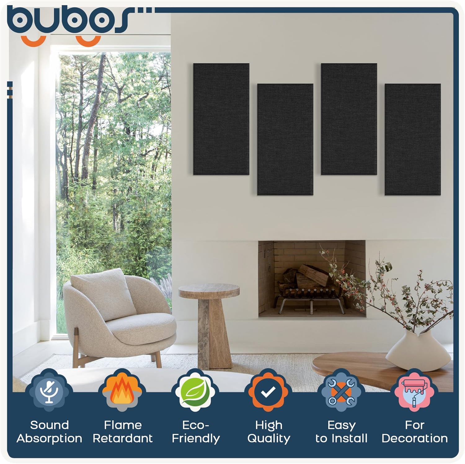 BUBOS 4 PCS Acoustic Panels,23.6''x11.8''Fabric Soundproof Wall Panels,Self-adhesive Sound Absorbing Panels for Studios, Office, Home Theater,Fabric-Clad Matte Black