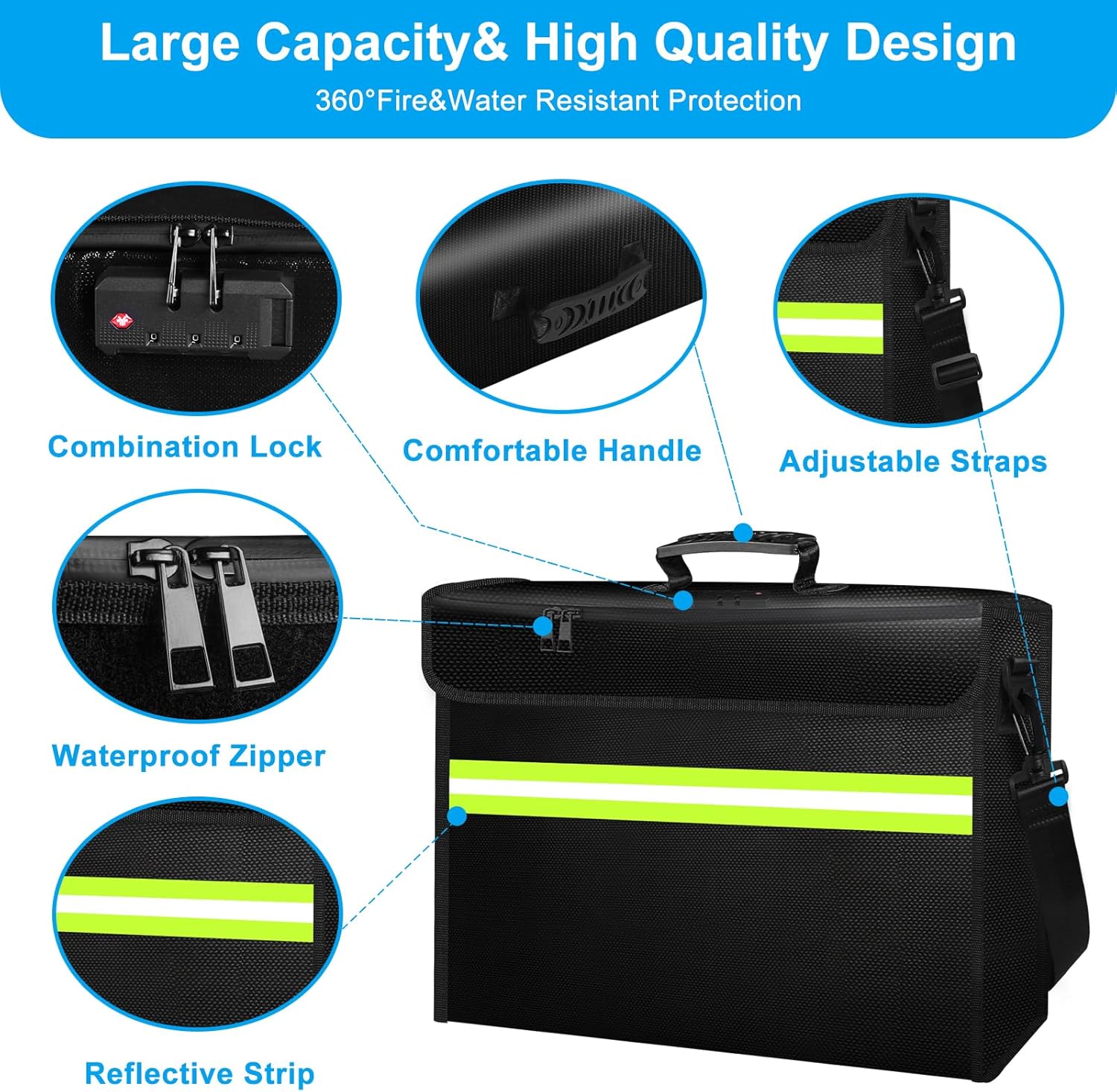 Large Fireproof Money Bags with Lock-6500°F Fireproof Document Box,10 Layers Insulation Materials&Waterproof Zipper,Removable Folder Layers/Wallet,Reflective Strip for Valuables(16.5”x 12.4”x 5.5”)