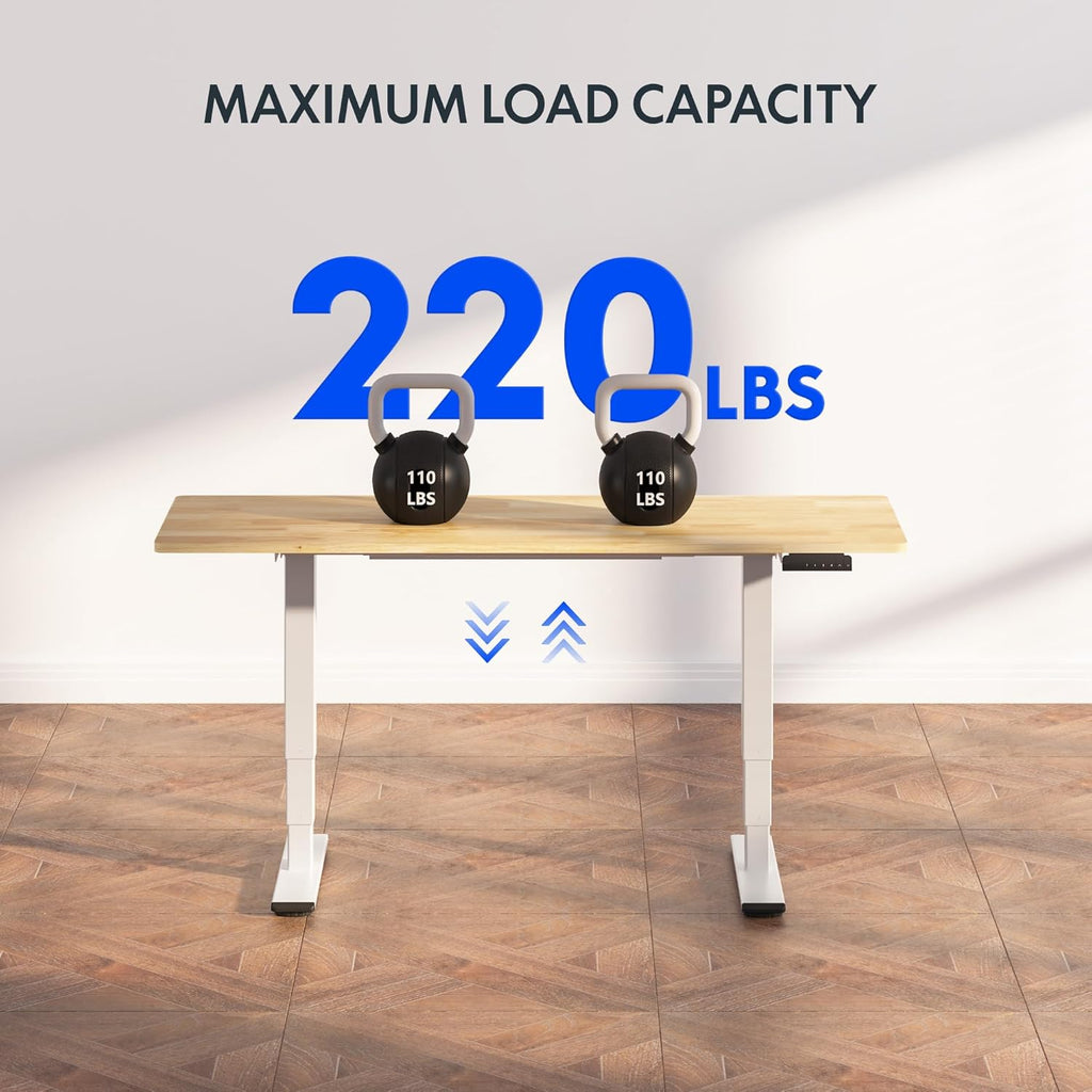 FLEXISPOT E6 Essential Solid Rubber Wood 3 Stages Dual Motor 63x24 Inch Electric Height Adjustable Standing Whole-Piece Board Desk Sit Stand Up Desk (White Frame + Solid Wood Desktop)