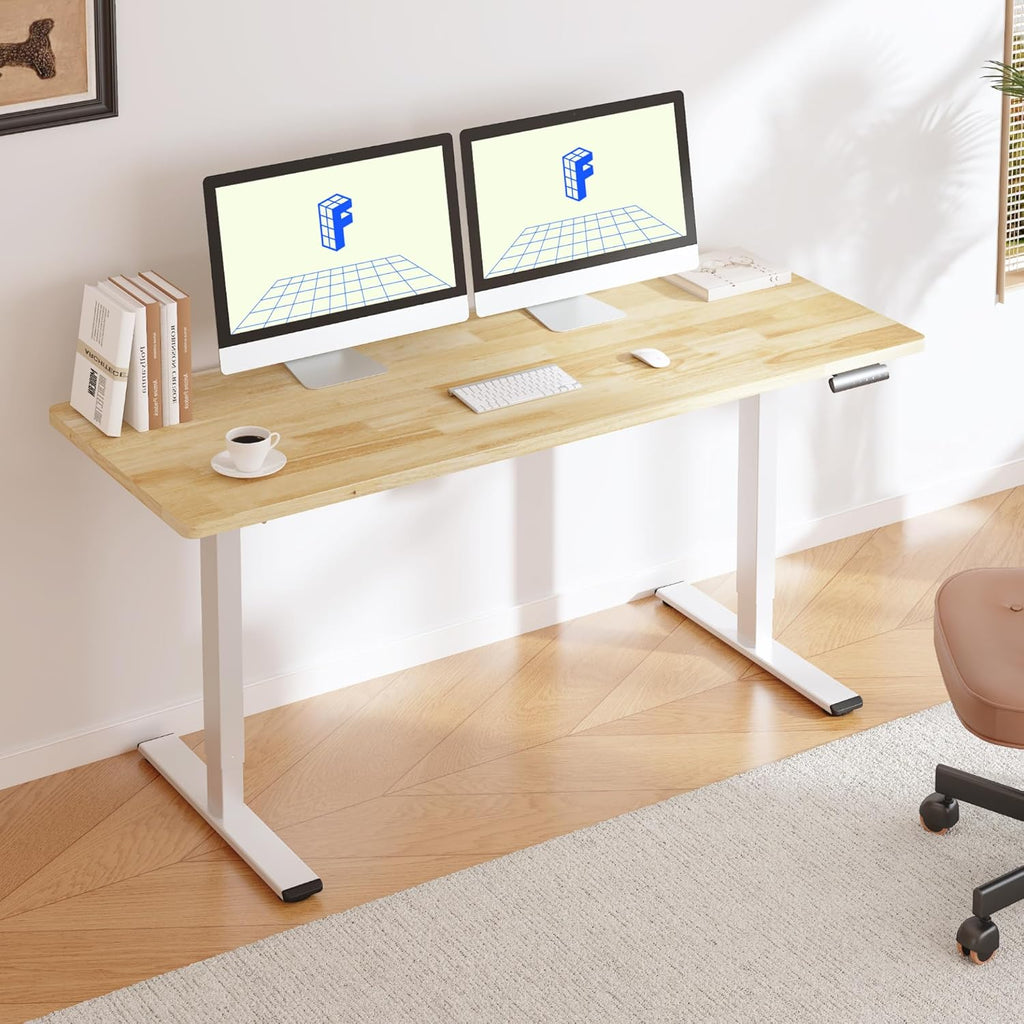 FLEXISPOT E3 Solid Wood Dual Motor Standing Desk 63x24 Inch Whole-Piece Board Electric Height Adjustable Stand Up Desk (White Frame + Rubber Wood Desktop)