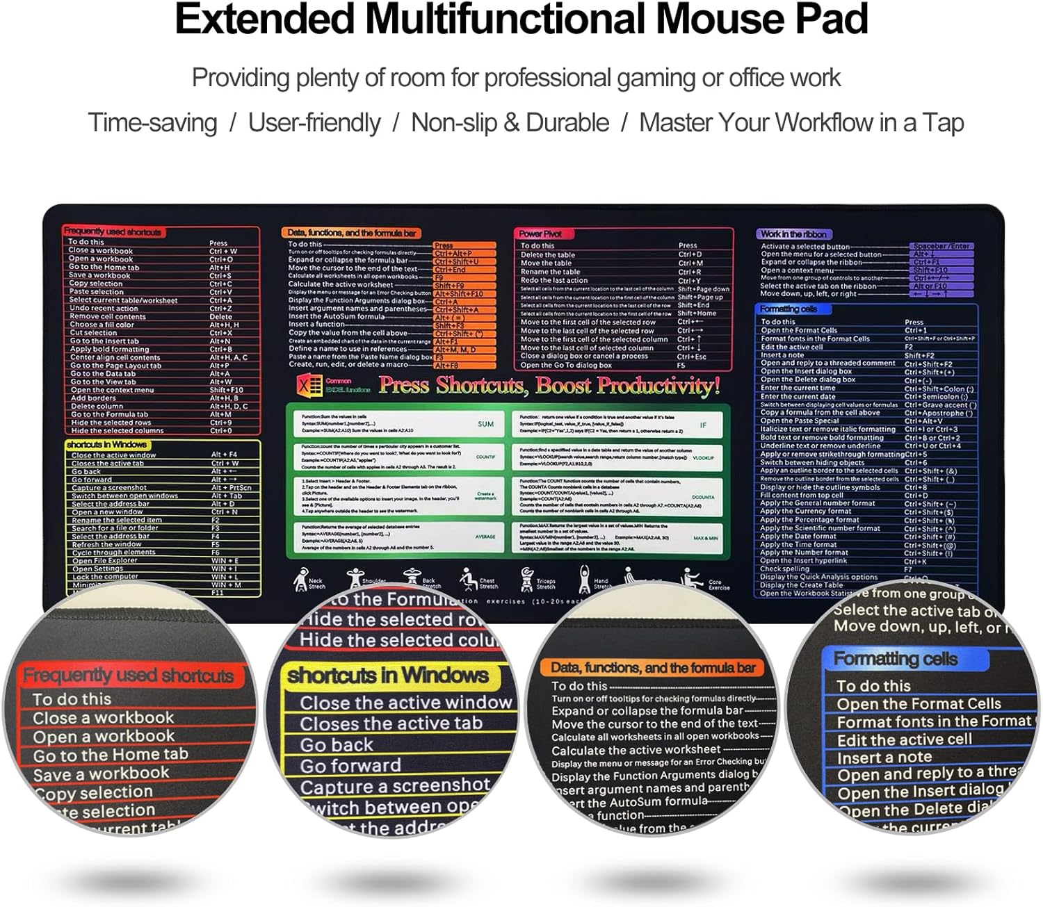 Efficiency Boost Excel Shortcut Keys Mouse Pad - Quick Reference Guide XXL Mouse Pad for Keyboard Shortcuts-90x40 Excelcut