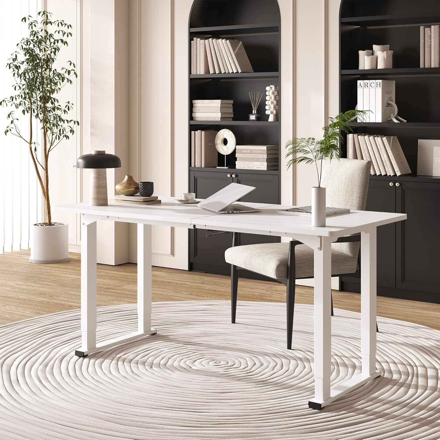 4 Legs Standing Desk, Large 63x28 Inches Electric Adjustable Height Desk with Splice Board, Stand Up Desks Home Office Computer Workstation, White